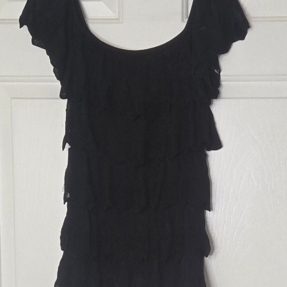 White House Black Market Tiered Ruffle Top Semi Sheer Short Sleeve XS